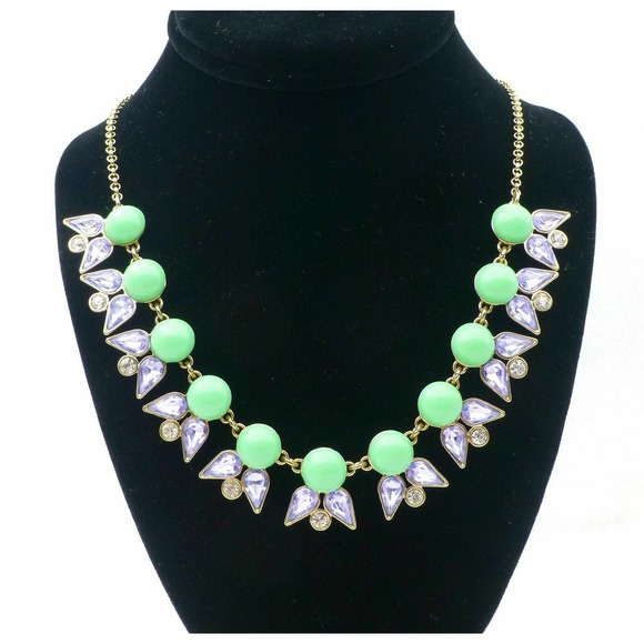 J.CREW Blue Green Rhinestones Beaded Statement Bib Gold-Tone Necklace - Picture 1 of 6